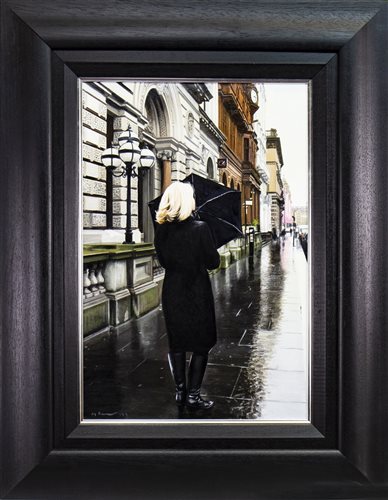 Lot 563 - BLACK COAT IN THE CITY, AN OIL BY GERARD BURNS