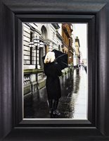 Lot 563 - BLACK COAT IN THE CITY, AN OIL BY GERARD BURNS