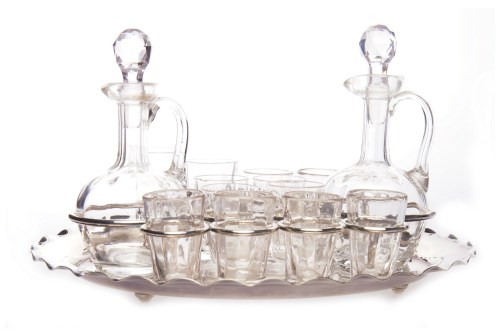 Lot 337 - PLATED LIQUER TRAY WITH CRYSTAL JUGS AND SHOT...