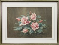 Lot 444 - STILL LIFE WITH PINK ROSES, A WATERCOLOUR BY JOHN P MAIN