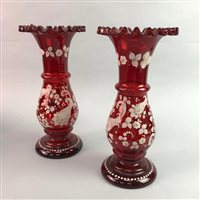 Lot 170 - A PAIR OF CRANBERRY GLASS VASES, TWO GLASS DISHES AND A JUG