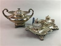 Lot 179 - A SILVER PLATED INKWELL AND AN ICE BUCKET