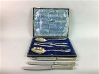 Lot 180 - A CASED SILVER PLATED SERVING SET AND SILVER KNIVES