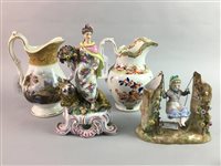 Lot 181 - A LOT OF TWO CERAMIC FIGURE GROUPS AND TWO JUGS