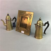 Lot 266 - A LOT OF BRASS WARE INCLUDING A PICTURE FRAME, COFFEE POT AND WATER JUG