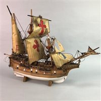 Lot 267 - A MODEL SHIP, A SHIP IN A BOTTLE AND A COPPER MODEL OF A SHIP