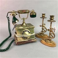 Lot 261 - AN ONYX REPRODUCTION TELEPHONE AND A PAIR OF CANDLESTICKS