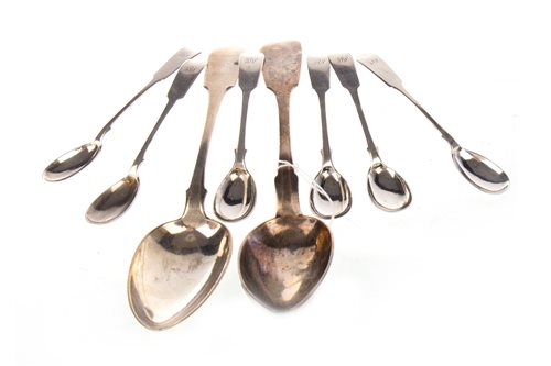 Lot 862 - A SET OF SIX SILVER SCOTTISH TEA SPOONS ALONG WITH TWO RUSSIAN SILVER TABLE SPOONS