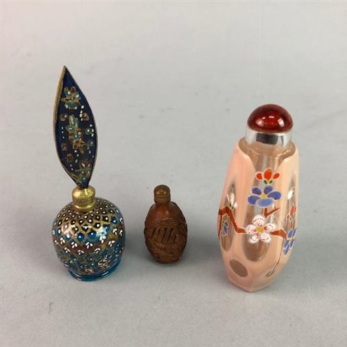 Lot 291 - AN ENAMEL SCENT BOTTLE AND TWO SNUFF BOTTLES