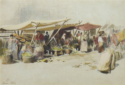 Lot 401 - FRUIT MARKET, ROME, A WATERCOLOUR BY KEELEY HALSWELLE