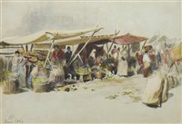 Lot 401 - FRUIT MARKET, ROME, A WATERCOLOUR BY KEELEY HALSWELLE