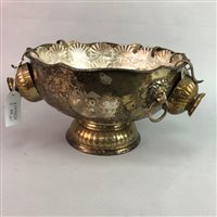 Lot 311 - A PLATED PUNCH BOWL, TWO BRASS KETTLES AND CASED CANTEEN OF PLATED CUTLERY