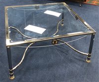 Lot 300 - A GLASS COFFEE TABLE, CONTEMPORARY MIRRORED PEDESTAL AND A SIDE TABLE