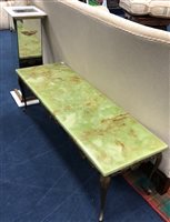 Lot 300 - A GLASS COFFEE TABLE, CONTEMPORARY MIRRORED PEDESTAL AND A SIDE TABLE