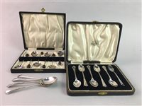 Lot 340 - A LOT OF TWO SETS OF SILVER PLATED TEASOONS, A PLATED PUNCH LADLE AND CUTLERY