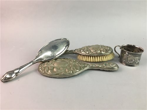 Lot 329 - A THREE PIECE SILVER VANITY SET, ANOTHER VANITY SET AND A NOVELTY CUP