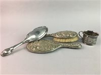 Lot 329 - A THREE PIECE SILVER VANITY SET, ANOTHER VANITY SET AND A NOVELTY CUP