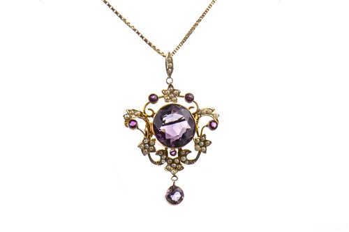 Lot 1 - AN IMPRESSIVE EDWARDIAN AMETHYST AND SEED PEARL PENDANT