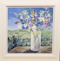 Lot 2430 - CAROLINE LEBURN, BORDER FLOWERS mixed media,...