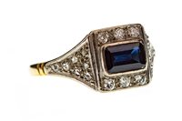 Lot 1 - AN ART DECO STYLE BLUE GEM AND DIAMOND RING