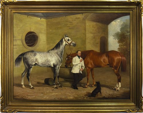 Lot 404 - A DAY AT THE STABLES, AN OIL