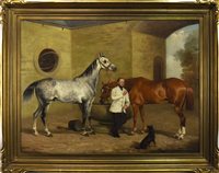 Lot 404 - A DAY AT THE STABLES, AN OIL