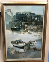 Lot 18 - A PAINTING OF MOORED BOATS