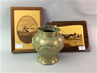 Lot 22 - A CHINESE BRASS VASE, TWO PARQUETRY PANELS AND TWO WALL MOUNTS