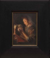 Lot 2440 - CONTEMPORARY SCHOOL, SEWING BY CANDLELIGHT oil...