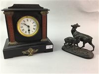 Lot 64 - A FRENCH MANTEL CLOCK AND A SPELTER FIGURE GROUP OF TWO DEER