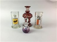 Lot 67 - A BAVARIAN RUBY FLASHED PERFUME BOTTLE, ANOTHER PERFUME BOTTLE AND TWO GLASSES