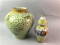 Lot 71 - AN ITALIAN MAJOLICA CERAMIC JAR, DRESDEN JAR A CHINESE PLANTER AND A PIERCED DECORATED DISH