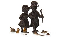 Lot 1636 - A 19TH CENTURY BRONZE FIGURE GROUP AND MINIATURE COLD PAINTED BRONZE ANIMALS