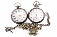 Lot 761 - TWO SILVER OPEN FACE POCKET WATCHES AND TWO ALBERT CHAINS