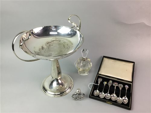 Lot 60 - AN ART NOUVEAU SILVER PLATED TAZZA, SOUVENIR SPOONS, PERFUME BOTTLE AND OTHER ITEMS