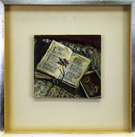 Lot 530 - STILL LIFE WITH BOOK AND FLOWER, AN OIL BY NITA BEGG