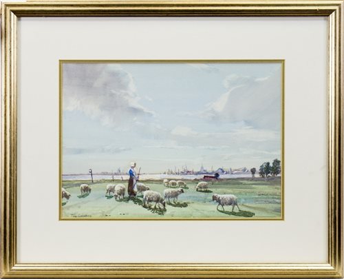 Lot 450 - SHEEP GRAZING BY A RIVER, A WATERCOLOUR BY TOM CAMPBELL