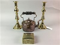 Lot 34 - A PAIR OF BRASS CANDLESTICKS ALONG WITH OTHER ITEMS