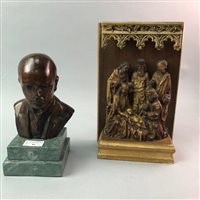 Lot 81 - A BUST OF BEETHOVEN, AN OIL LAMP AND A FIGURE GROUP