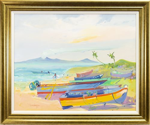 Lot 550 - BEACHED BOATS, NEVIS, AN OIL BY JAMES HARRIGAN