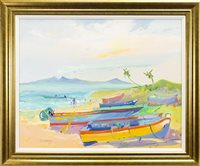 Lot 550 - BEACHED BOATS, NEVIS, AN OIL BY JAMES HARRIGAN