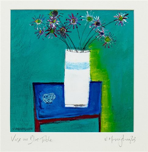 Lot 570 - VASE ON BLUE TABLE, AN OIL BY NIKKI MONAGHAN