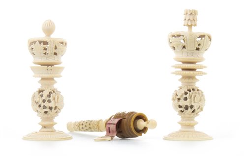 Lot 1138 - CHINESE IVORY CHESS PIECES AND A TAPE MEASURE