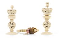 Lot 1138 - CHINESE IVORY CHESS PIECES AND A TAPE MEASURE