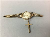 Lot 45 - A LADY'S GOLD WRISTLET WATCH AND A GOLD CRUCIFIX