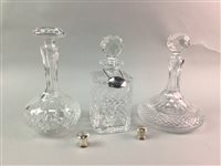 Lot 48 - A LOT OF FOUR SILVER WINE SLIDERS AND THREE DECANTERS ALONG WITH SILVER AND PLATED ITEMS