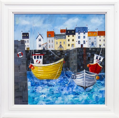 Lot 612 - RED BOAT, YELLOW BOAT, AN OIL BY LYNNE JOHNSTONE