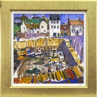 Lot 405 - HARBOUR SCENE, A COLOUR PRINT ON CANVAS BY GLEN SCOULLAR