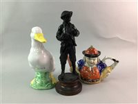 Lot 183 - A METAL FIGURE OF A BOY, A CERAMIC DUCK CHAMBER POT, SUGAR SHAKER AND A NOVELTY TEAPOT