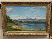 Lot 141 - A WATERCOLOUR DEPICTING A COASTAL SCENE, A FRAMED TAPESTRY AND TWO OTHER PICTURES